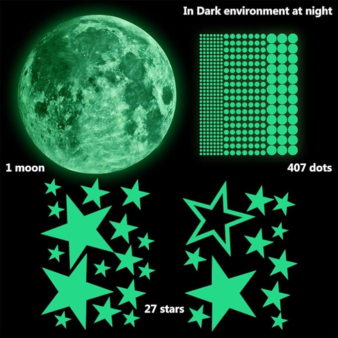 Glow in The Dark Moon and Stars Wall Stickers|435 Pcs Luminous Mural Decals for Ceiling and Wall| Perfect for Nursery Classroom Playroom Bedroom Living Room Decoration (Peel and Stick)