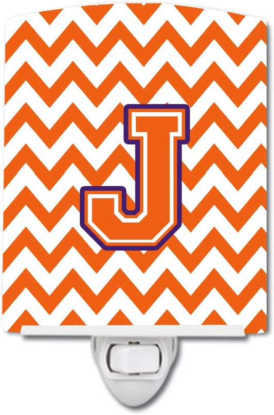 Caroline's Treasures CJ1062-JCNL Letter J Chevron Orange and Regalia Ceramic Night Light Compact, UL-Certified, Ideal for Bedroom, Bathroom, Nursery, Hallway, Kitchen, 6x4x3, Multicolor