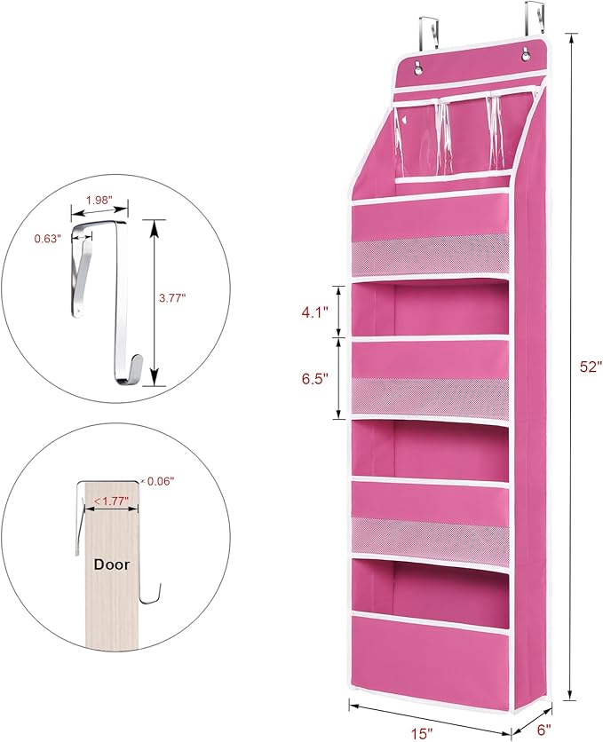 Univivi Door Hanging Organizer Nursery Over the Door Organizer Baby Storage with 4 Large Pockets and 3 Small PVC Pockets for Cosmetics, Toys and Sundries (Pink)