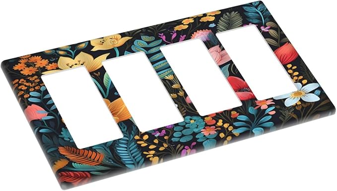 Boho Floral Vintage Flower Leaves Rustic Wildflower Plants 4 Gang Rocker Decora Light Switch Cover Outlet Covers Wall Plate Decorative Switchplate Electrical Faceplate GFCI for Country Bedroom Decor
