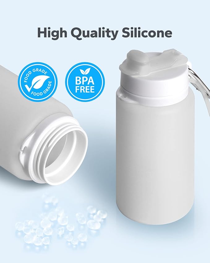 Collapsible Water Bottle, Foldable Water Bottle for Travel & Collapsable Water Bottle with Clip for Backpack, Portable Silicone Water Bottle, Collapse Water Bottle for Travel (20oz, Gray)