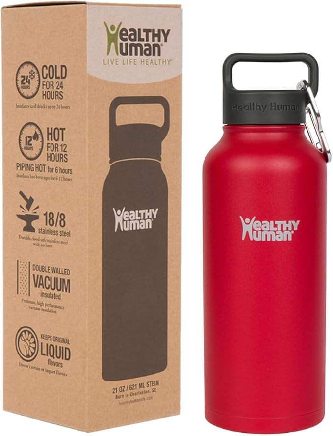 Healthy Human Stainless Steel Water Bottle | Double Walled Vacuum Insulated Water Thermos for Adults | Eco-Friendly Travel Bottles with Leak Proof Lid (Red Hot, 32 oz/ 946 ML)