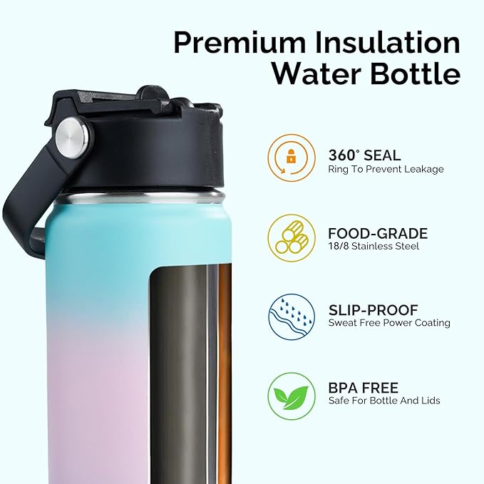 Kerilyn Stainless Steel Insulated Water Bottle, 24oz Double Wall Vacuum Insulated Water Bottle Leak Proof with Silicone Straw, Wide Mouth Lid, BPA Free, Keep Cold and Hot, 24oz, Pink Gradient