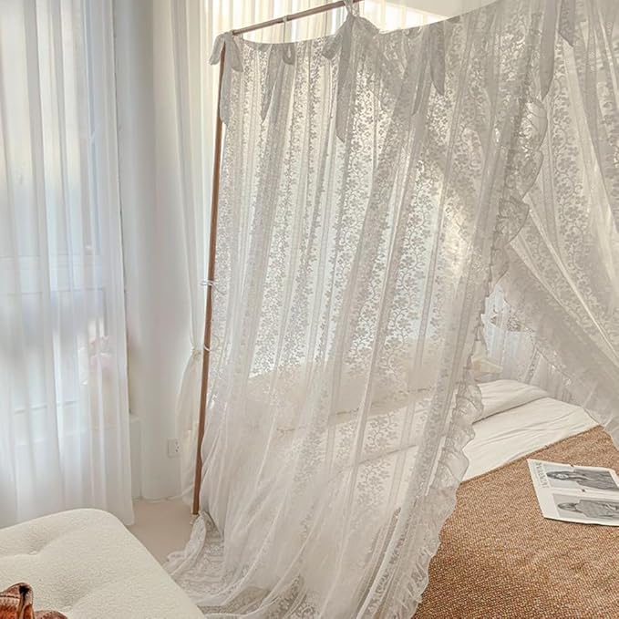 Elegant Princess 4 Corner Post Mosquito Net Romantic for Girls Women Bed Curtain Canopy for Adult Wedding Bedroom Kids Rooms Decoration (Type2-White-Flower, Queen)