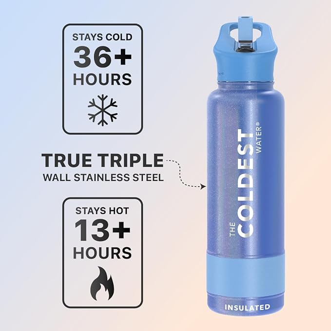 Coldest Sports Water Bottle with Straw Lid Vacuum Insulated Stainless Steel Metal Thermos Bottles Reusable Leak Proof Flask for Sports Gym (40 oz, Galactic Blue Glitter)