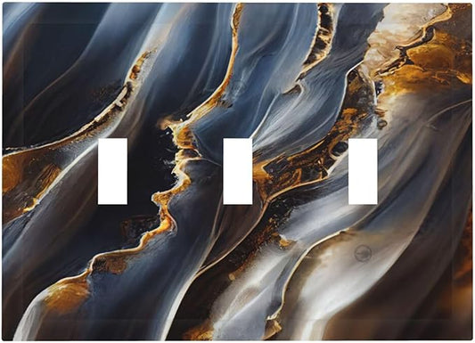 Gradient Abstract Ripple Blue Gold Marble Printed 3 Gang Light Switch Covers Triple Toggle Wall Plate Decorative Switchplate Electrical Faceplate for Kitchen Bathroom Bedroom Decor