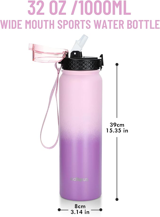 GOPPUS 32 oz Sports Water Bottle 1 Liter Double Wall Insulated Stainless Steel Water Bottles with Straw Lid Reusable Leak proof Metal water bottles with Strap Handle(Pink Purple 1 lid)