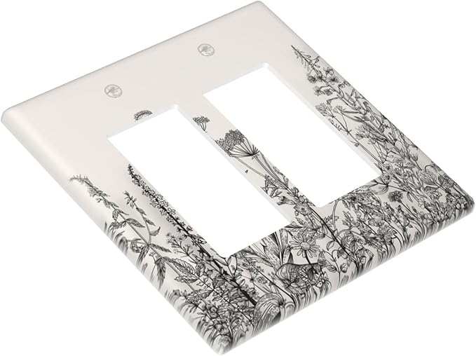 Vintage Grey Floral Herbs Wild Flowers Botanical 2 Gang Rocker Decora Boho Light Switch Covers Decorative Country Unique Dual Outlet Covers Wall Plate Electrical Faceplate Switchplate GFCI