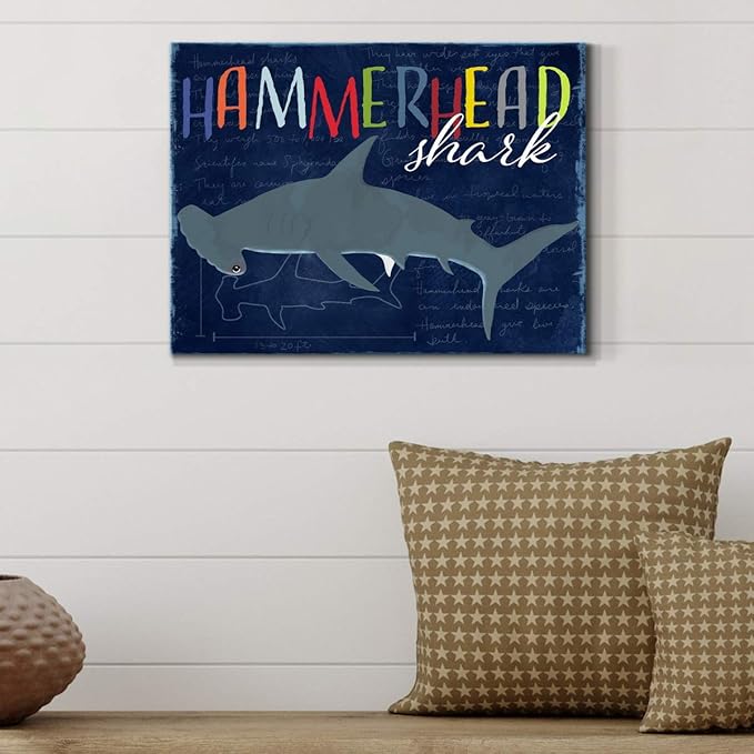 Renditions Gallery Canvas Animal Wall Art Modern Decorations Paintings Colorful Playful Hammerhead Shark Abstract Vibrant Lifestyle Artwork Prints for Kids Bedroom Nursery - 12"x18" LT33