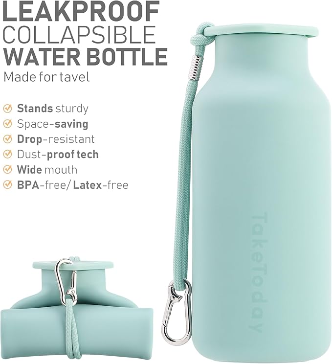 Collapsible Water Bottles 20 oz, Leak Proof, BPA Free Foldable Silicone Travel Water Bottle Cups for Taveling, Outdoors, On the go, Sage Green