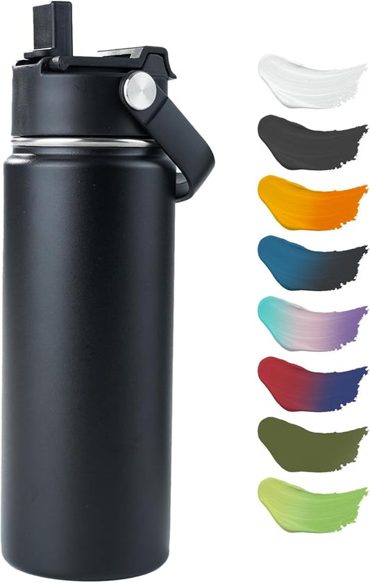 Kerilyn Stainless Steel Insulated Water Bottle, 18oz Double Wall Vacuum Insulated Water Bottle Leak Proof with Silicone Straw, Wide Mouth Lid, BPA Free, Keep Cold and Hot, 18oz, Black