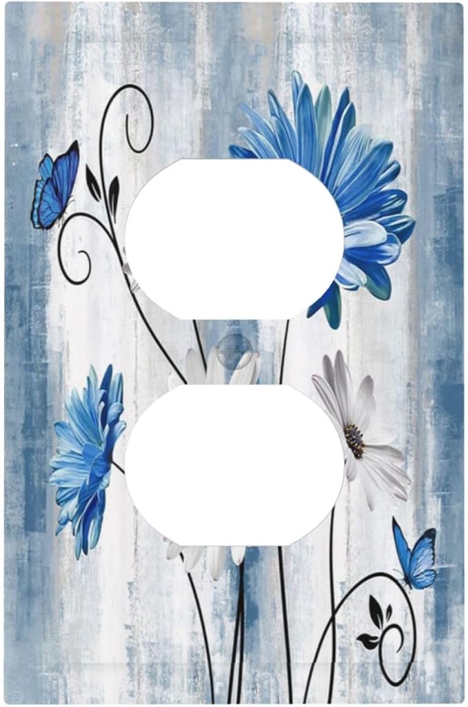 Rustic Teal Blue Daisy Floral Single Duplex Wall Plate Covers Light Switch Cover 1 Gang Outlet Plate Decorative Switchplate Covers Electrical Faceplate for Country Bathroom Bedroom Kitchen Decor