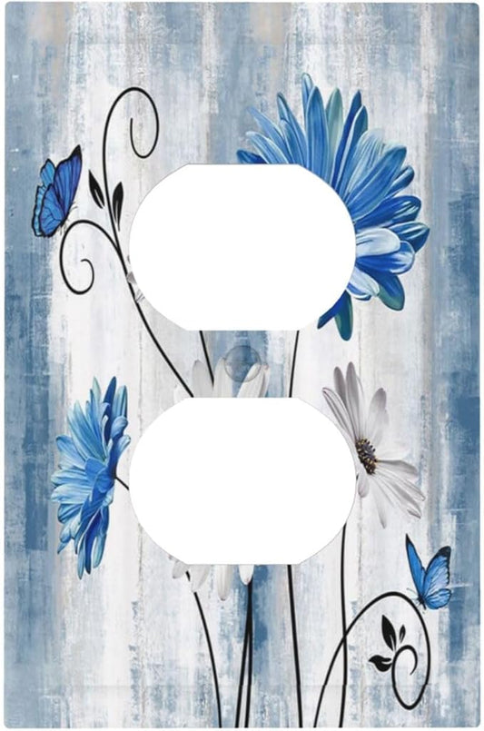 Rustic Teal Blue Daisy Floral Single Duplex Wall Plate Covers Light Switch Cover 1 Gang Outlet Plate Decorative Switchplate Covers Electrical Faceplate for Country Bathroom Bedroom Kitchen Decor
