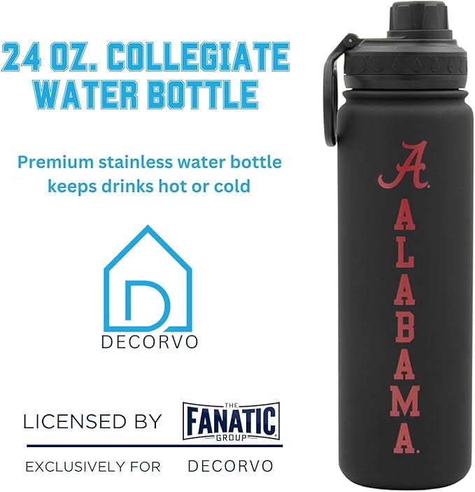 University of Alabama Water Bottle - Black Double Walled Stainless Steel 24 oz Keeps Drinks Cold or Hot