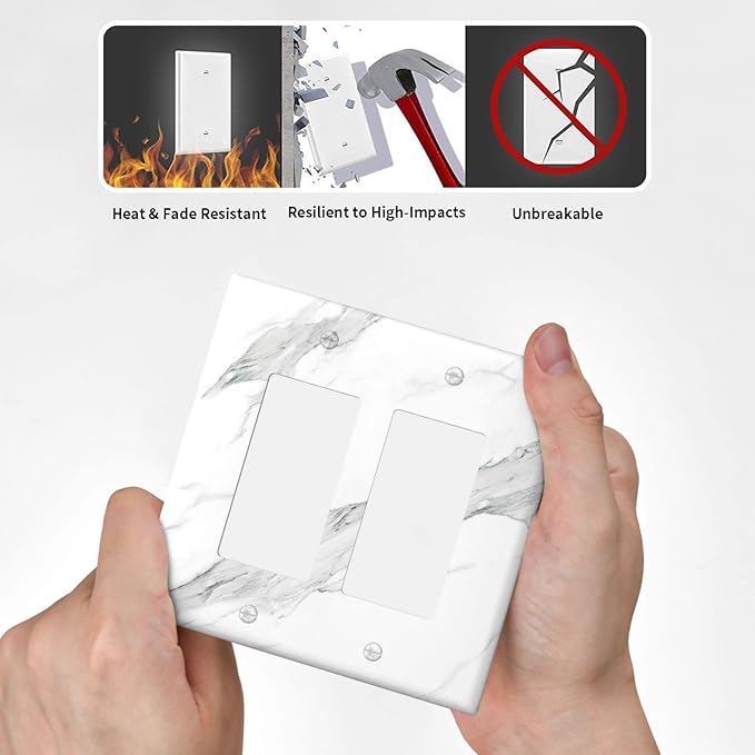 Marble Grey Wall Plate Decorative Light Switch Cover 2-Gang Double Rocker Faceplate for Bathroom Farmhouse Kitchen Bedroom White