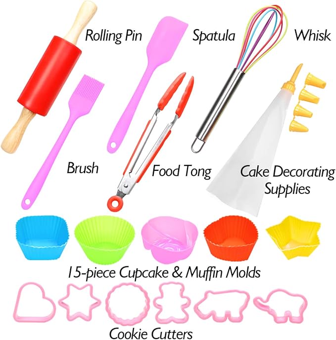 Kids Cooking and Baking Set 40 Pcs with Gift Box, Real Kitchen Utensils Kit for Children Toddlers Teens, Gift for Girls&Boys, Nonstick Rolling Pin Silicone Pastry Mat Cupcake Molds