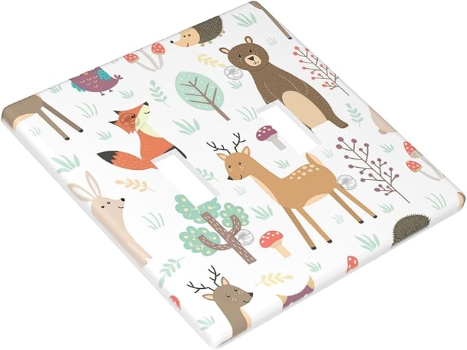 Cartoon Animal Deer Bear Fox Light Switch Cover Decorative Double Toggle Plastic Wall Plate Outlet Cover for Women Girls Bedroom Kitchen Living Room Decor 4.5 * 4.5