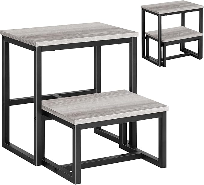 LIANTRAL Step Stools for Adults Kids, 3 in1 Heavy Duty Sturdy Two Step Stool, Supports Up to 500lb, Wooden Board Metal Frame, Foot Stool for High Bed Kitchen Bathroom - Grey