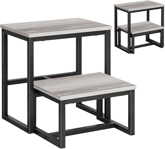 LIANTRAL Step Stools for Adults Kids, 3 in1 Heavy Duty Sturdy Two Step Stool, Supports Up to 500lb, Wooden Board Metal Frame, Foot Stool for High Bed Kitchen Bathroom - Grey