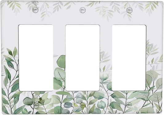 Green Eucalyptus Rustic Botanical Plant Leaves 3 Gang Rocker Boho Light Switch Covers Decorative Triple Outlet Wall Plate Cover Faceplate Decorative Switchplate GFCI for Country Bedroom Decor