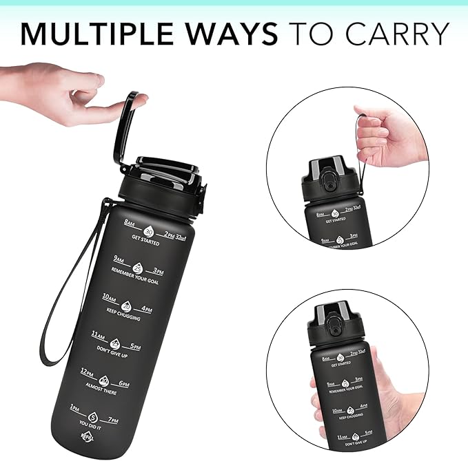 GOSWAG 32oz Motivational Water Bottles with Time Marker and Fruit Strainer, Sports Water Bottle with Times to Drink, Leakproof, Reusable Plastic Bottle with Strap no Straw for Gym, School