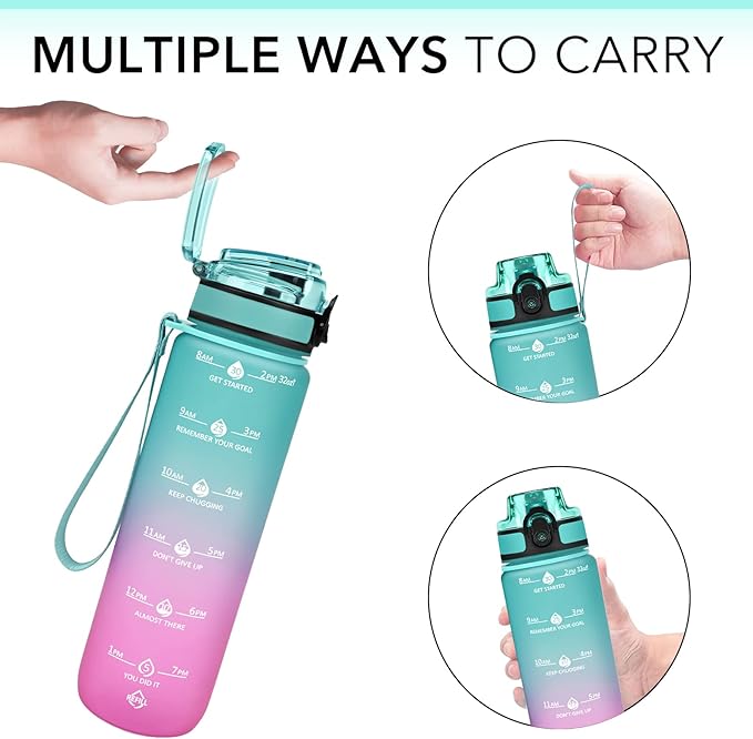 GOSWAG 32oz Motivational Water Bottles with Time Marker and Fruit Strainer, Sports Water Bottle with Times to Drink, Leakproof, Reusable Plastic Bottle with Strap no Straw for Gym, School