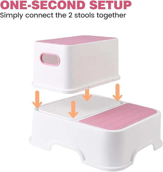 GAOMON Toddler Step Stool, 2 Step Stool for Kids, Toddler Step Stool for Bathroom Sink, Non-Slip Double up Kids Step Stool for Potty Training, Kitchen, Bedroom, Toilet (2 Pack, Pink)