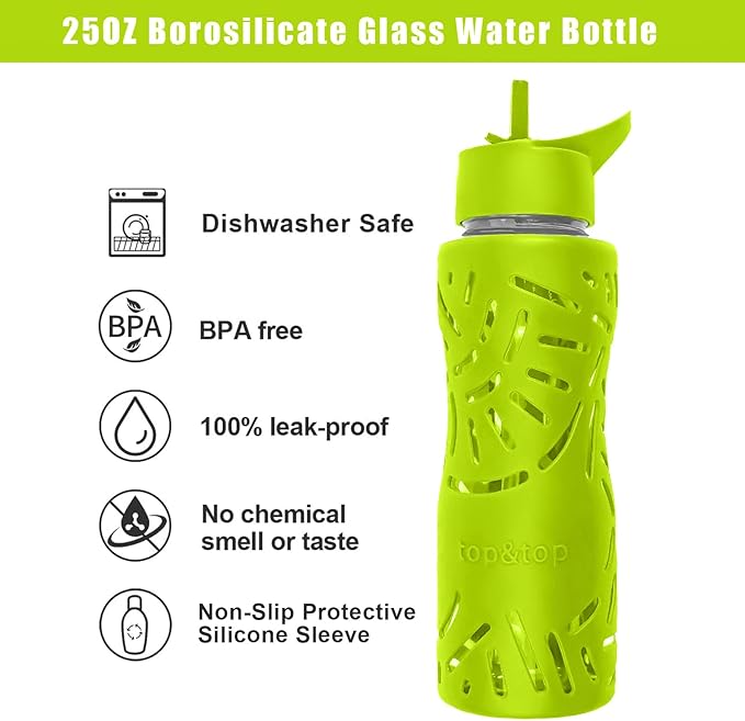 Top&Top 25oz Glass Water Bottles with Straw Cap – Wide Mouth Sports Water Bottles with Protective Silicone Sleeve + 3 Reusable Different Leak-Proof Lids (BPA Free) for Fitness and Outdoor (Yellow)