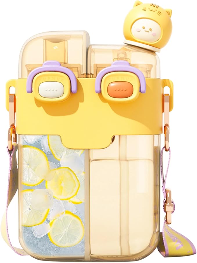 Cute Water Bottle for Kids: 26oz Kawaii Water Bottle for Girls, Funny Bear Water Bottles with Straw and Strap, Dual Compartments Leak-proof Plastic Drinking Cup for School Sport Travel (Yellow)