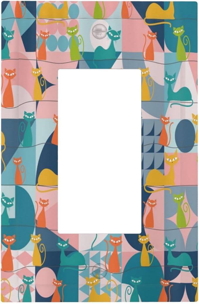 Mid Century Modern Atomic Cute Cats 1 Gang Rocker Light Switch Covers Single Decora Outlet Wall Plate Decorative Switchplate Faceplate GFCI for Kidroom Nursery Bedroom Decor