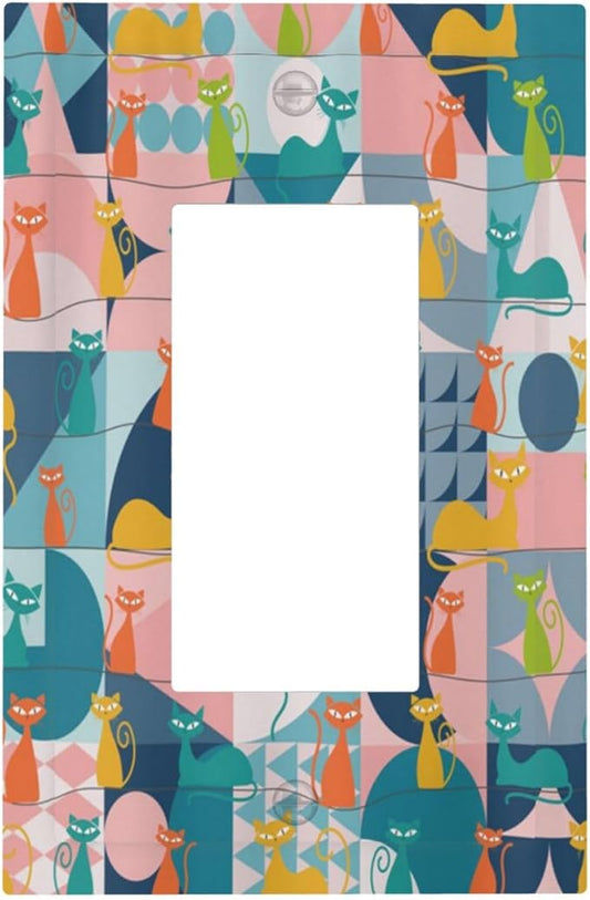 Mid Century Modern Atomic Cute Cats 1 Gang Rocker Light Switch Covers Single Decora Outlet Wall Plate Decorative Switchplate Faceplate GFCI for Kidroom Nursery Bedroom Decor