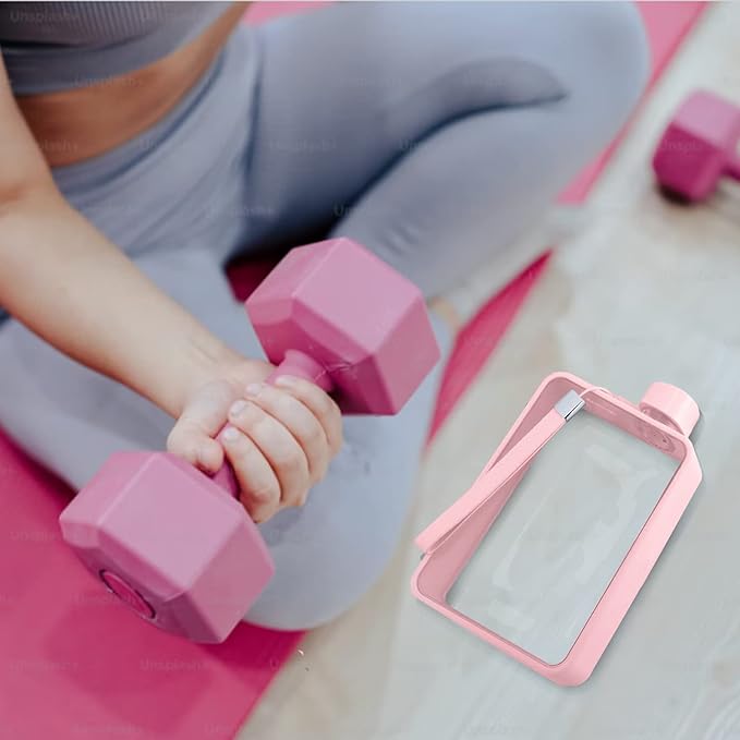Flat Water Bottle, Portable A5 Water Bottle, 13oz Flat Travel Flask for Camping Fitness Gym (Pink)