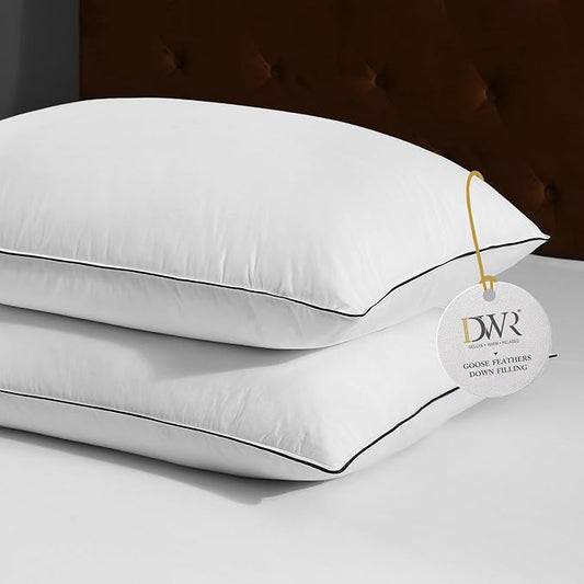 DWR Luxury Goose Feather Down Core Pillows Surrounded by Polyester - Set of 2 - Queen Size(20"x30") - Medium Firm - 100% Organic Cotton Cover