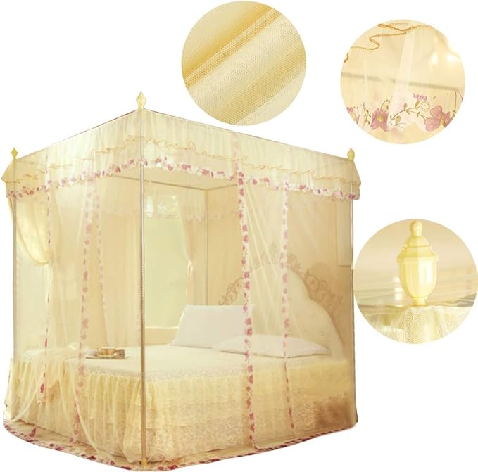 Luxury Princess 3 Side Openings Post Pink Bed Curtains,Four Corner Bedding Bed Canopy net for Bed Princess Bed Girls Room(No Bracket) (Yellow)