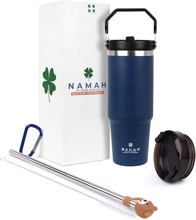 Tumbler with Handle & Extra Cloud LID – 30oz/900ml, Premium 304 Stainless Steel, Insulated Water Bottle, Leak-Proof, Steel Straw, Teddy Straw Cap, Cleaning Brush & Carabiner Hook (Midnight Teal Blue)
