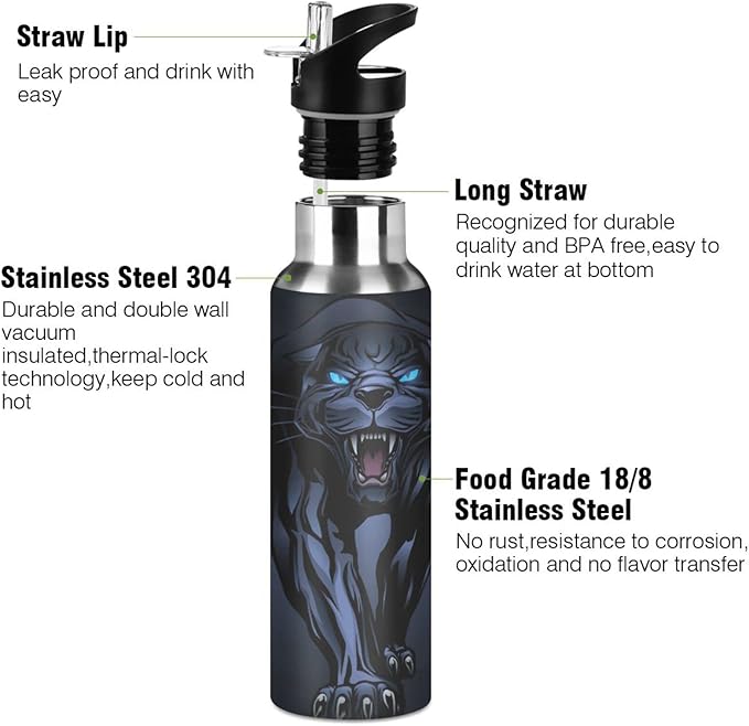 senya 20 Oz Water Bottle with Straw Roaring Black Panther Stainless Steel Water Bottle for Traveling Sports Leakproof Insulated Water Bottle