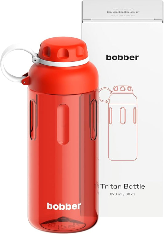 BOBBER 30 oz Tritan Water Bottle with Carry Loop & Fruit Holder, Premium Quality — BPA Free, Dishwasher Safe & Leak Proof, Reusable Wide Mouth Plastic Water Bottle — Large, Refillable, Light (Red)
