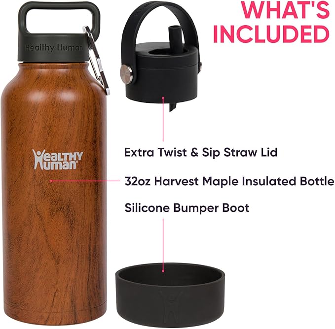 32oz Healthy Human Bottle Bundle with Insulated Bottle, Straw Lid & Bumper Boot - 32oz Harvest Maple Wood