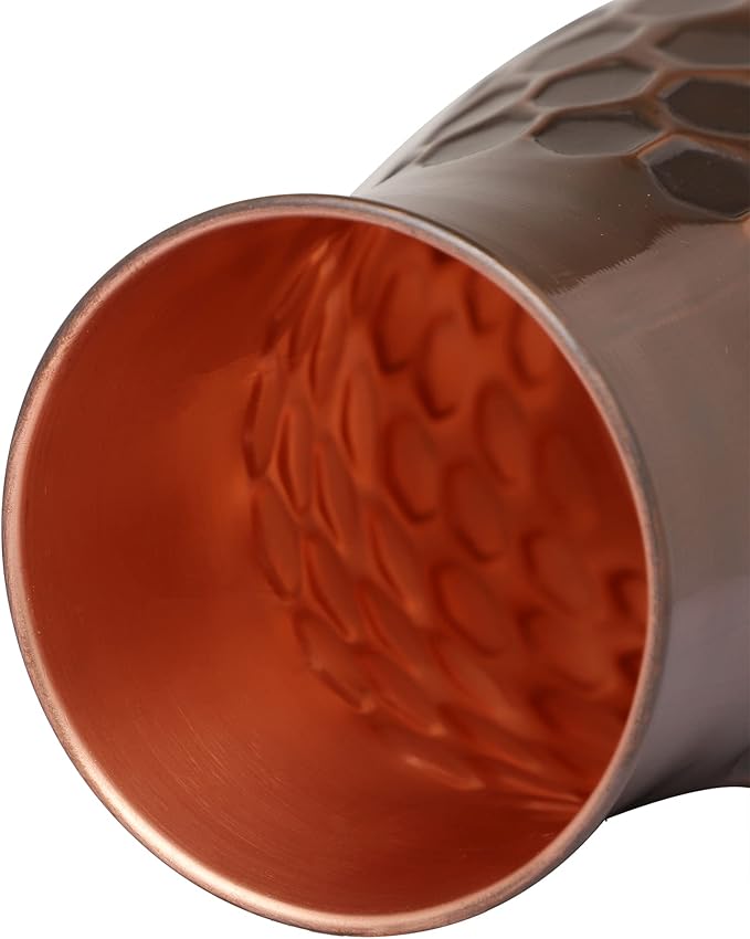 AAYUVEDA® Pure Copper Antique Honeycomb Bedroom Water Bottle 34oz, with in-Built Glass (Loose Lid)