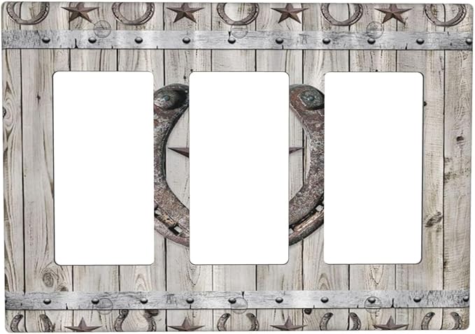 Rustic Western Wood Barn Door Horseshoe Iron Star 3 Gang Rocker Light Switch Covers Triple Outlet Wall Plate Decorative Switchplate Cover Faceplate GFCI for Farmhouse Country Bedroom Decor