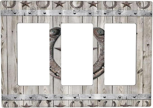 Rustic Western Wood Barn Door Horseshoe Iron Star 3 Gang Rocker Light Switch Covers Triple Outlet Wall Plate Decorative Switchplate Cover Faceplate GFCI for Farmhouse Country Bedroom Decor