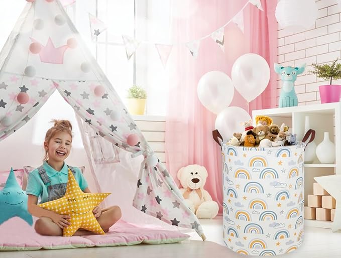 Kids Laundry Hamper,Rainbow Laundry Basket Collapsible Girls Storage Baskets for Home Decor,Office,Toy Organizer,(Bule Rainbow)