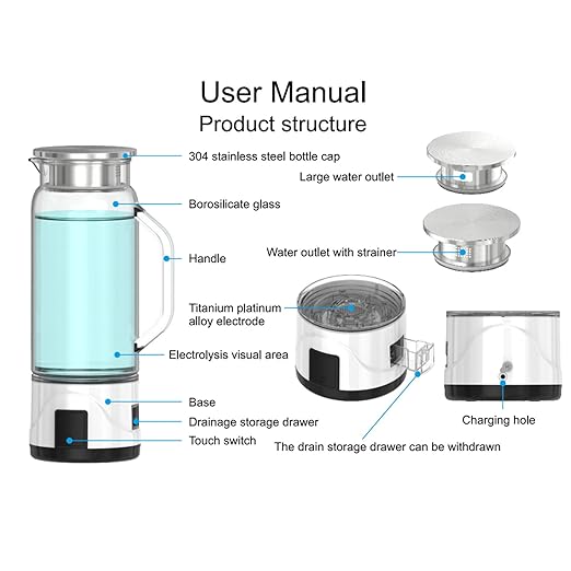 Hydrogen Water Bottle, 1000ml Hydrogen Water Bottle Generator with Efficient Electrolysis, High Borosilicate Glass, Handle, for Home Fitness Office