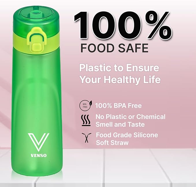Water Bottle,650 ml scent water bottle with 5 flavor pods,Leak proof and BPA-free sports air water bottle with straw,suitable for outdoor sports,0 sugar,0 calorie,Ideal gift (green)