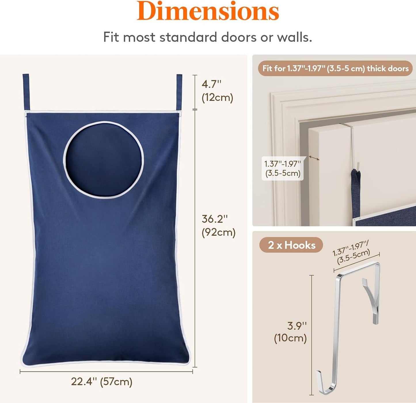Lifewit 2 Pack Over Door Laundry Hamper, Large Collapsible Hanging Laundry Hamper, Hanging Laundry Basket Bag for Bathroom Bedroom Dirty Clothes Storage Organizer, Dark Blue