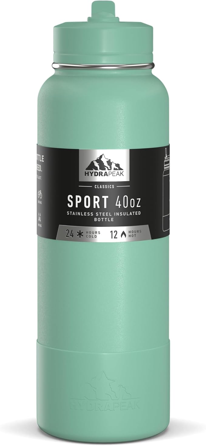 Hydrapeak 40oz Sport Insulated Water Bottle with Straw or Chug Lid, Leak & Spill Proof, Keeps Drinks Cold for 24 Hours, Hot for 12 Hours, Premium Stainless Steel Water Bottles (40oz, Pale Sage)