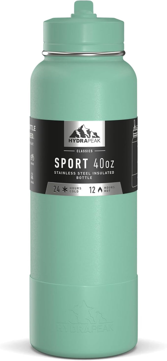 Hydrapeak 40oz Sport Insulated Water Bottle with Straw or Chug Lid, Leak & Spill Proof, Keeps Drinks Cold for 24 Hours, Hot for 12 Hours, Premium Stainless Steel Water Bottles (40oz, Pale Sage)