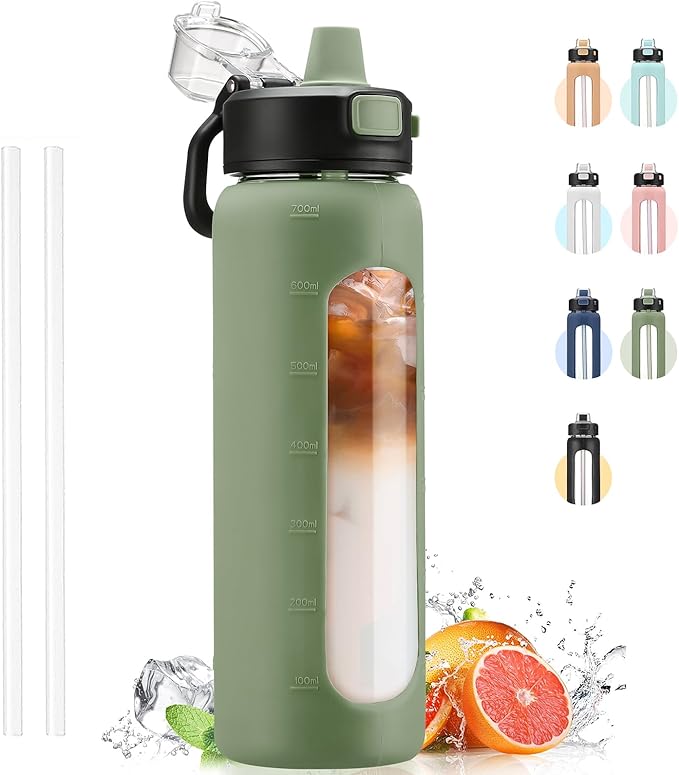 Kodrine Water Bottle With Straw and Carry Handle, Glass Water Bottle 24 oz Leak Proof Locking Lid with Soft Silicone Spout, Small Clear Water Bottle, Travel Sports Water Jug, Time Marker, Olive