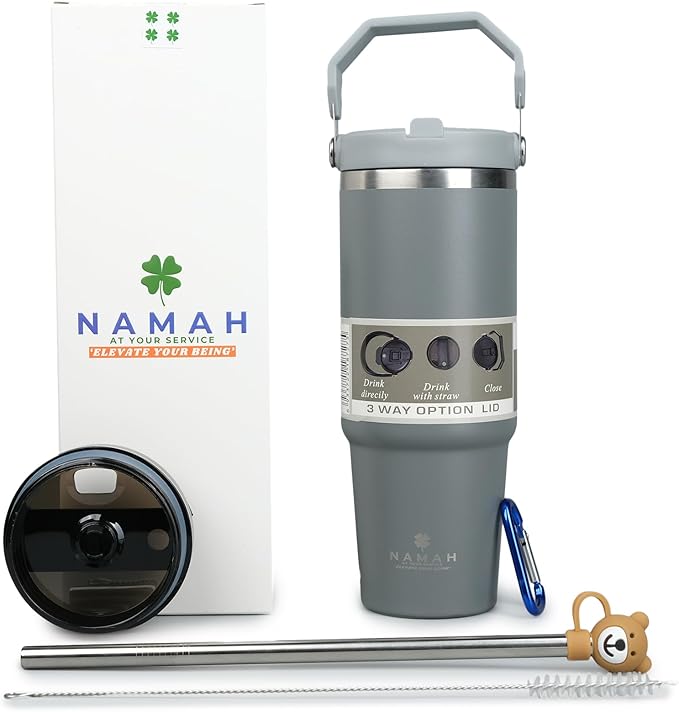 Tumbler with Handle & Extra Cloud LID – 30oz/900ml, Premium 304 Stainless Steel, Insulated Water Bottle, Leak-Proof, Steel Straw, Teddy Straw Cap, Cleaning Brush & Carabiner Hook (Stormy Slate Gray)