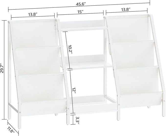 Kids Bookshelf and Toy Organizer, 3-Tier Kids Bookcase, Kids Sling Bookshelf, Toddler Toy Storage Organizer with Bookshelf, for Kids Room, Playroom, Bedroom, Nursery, White BKWT34201